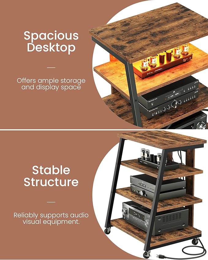 4-Tier AV Media Stand with Wheels, Stereo Stands, Media Console Shelf with Power Strips, LED Lights, Wooden Audio Cabinet Rack Tower, Rustic Brown and Black TCJ60UDBF