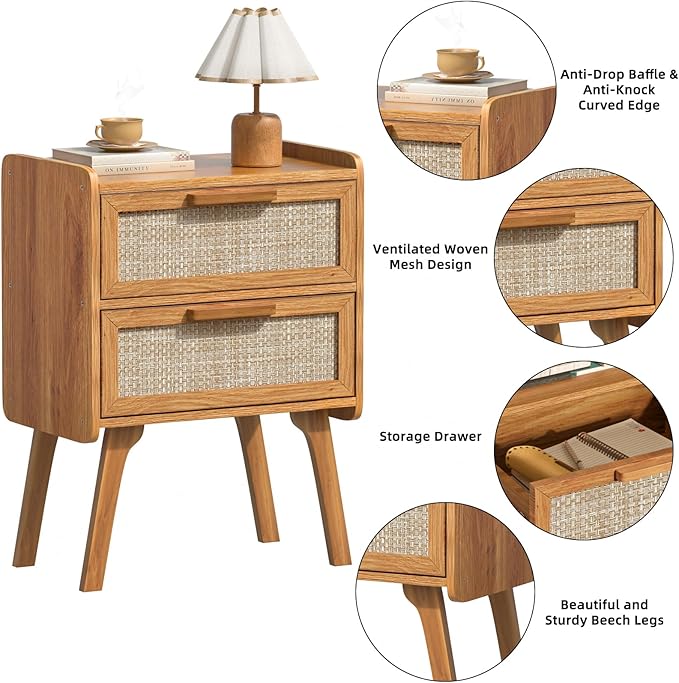 Lerliuo Rattan Nightstand, Boho Night Stand with 2 Drawers, Cane Accent Side End Table, Bedside Table with Solid Wood Legs for Bedroom, Dorm and Small Spaces (Tea Brown)
