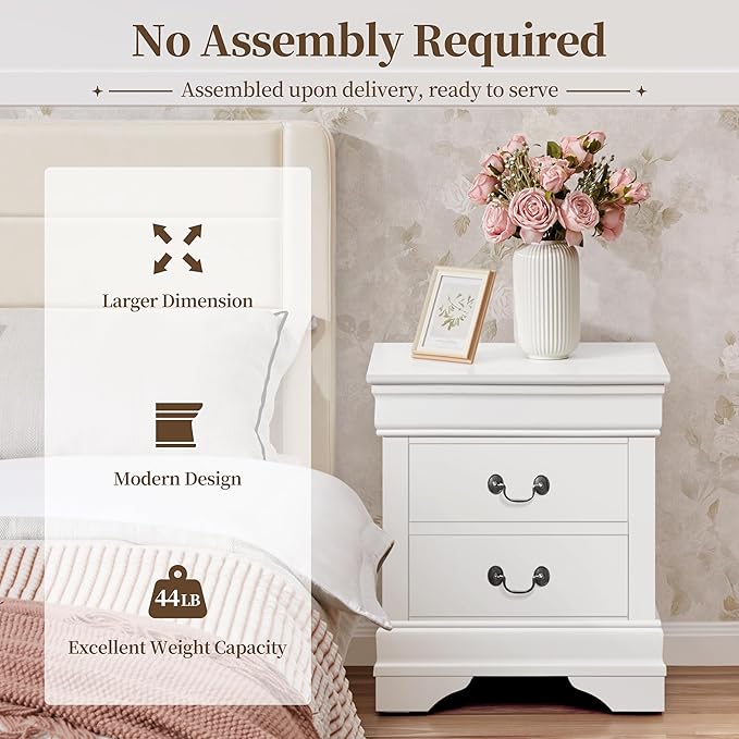 Yaheetech Fully-Assembled Nightstands Set of 2, 2-Drawer Nightstands Large Classic Bedside Tables with Storage, Wooden Painted Storage Cabinet for Bedroom, 21.5" L×16" W×24.5" H, White