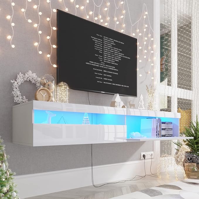 Floating TV Stand with Led Lights, 71 inch Wall Mounted TV Shelf with Power Outlet, Modern Entertainment Center Media Console with Storage Cabinet, Up to 80 Inch TVS, White