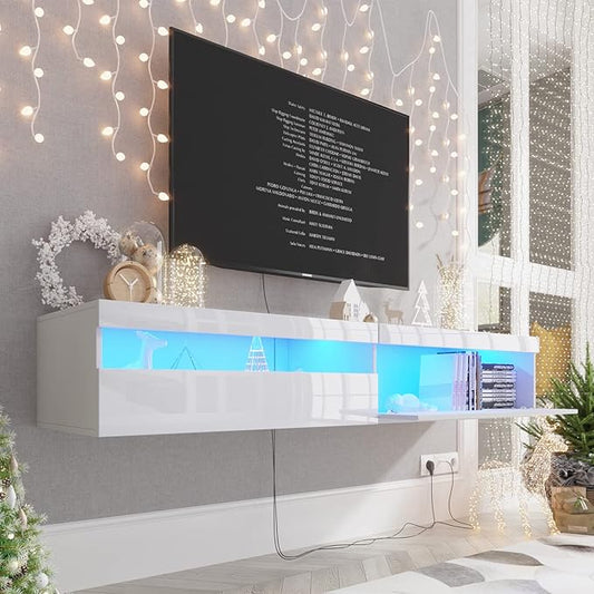 Floating TV Stand with Led Lights, 71 inch Wall Mounted TV Shelf with Power Outlet, Modern Entertainment Center Media Console with Storage Cabinet, Up to 80 Inch TVS, White
