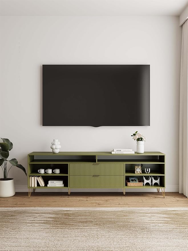 Manhattan Comfort Dumbo Mid Century Modern TV Stand for Televisions up to 80 Inches, Home Entertainment Center with Storage, 6 Shelves, 2 Drawers, No Tool Assembly, 85" Wide, Olive Green