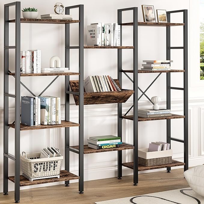 Shintenchi Industrial Bookcase,71.6” Triple 4 Tier Bookshelf with 11 Open Display Shelves,Large Etagere Bookshelf Open Record Player Shelves,Wide Book Shelf Book Case for Home & Office,Rustic Brown