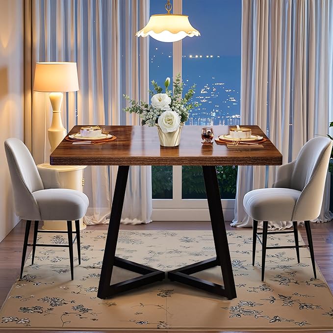 Square Dining Table for 2-4, 31.5" Small Dinner Table with Metal Frame Base Square Kitchen Tables for Dining Room, Kitchen, Living Room, Brown & Black