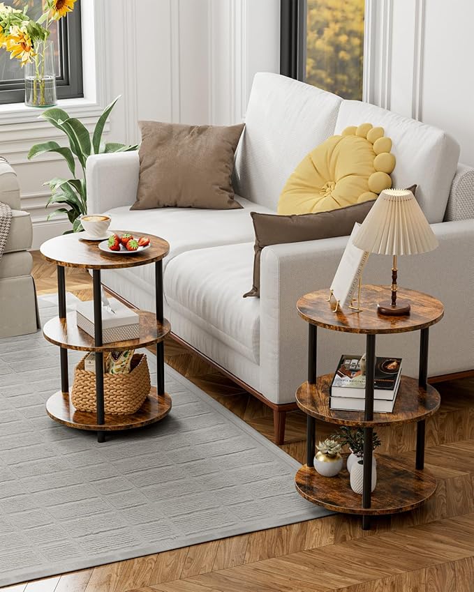 Small Round End Table - 3 Tier Design Accent Table, Narrow Side or Bedside Stand, Industrial Vintage Nightstand for Bedroom, Living Room, or Small Spaces, Set of 2, Rustic Brown
