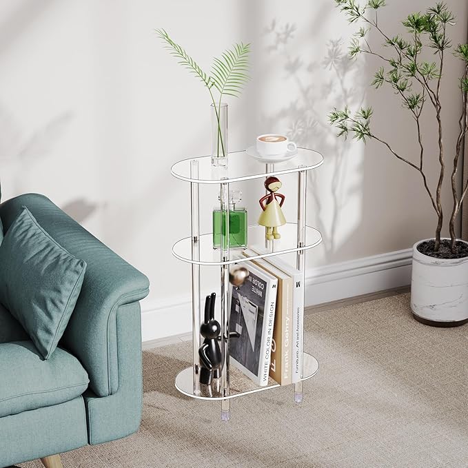 Clear Acrylic Narrow Side Table Set of 2 for Small Spaces, 15.75" L x 7.87" W x 24.6" H, 3 Tier Oval Slim End Table Nightstand, Small Skinny Bedside Table for Bedroom, Bathroom, Living Room
