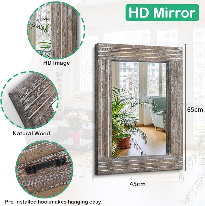 Wall Mirror Rustic Wooden Frame Rectangle Mirror Vintage Hanging Mirror for Bedroom Bathroom Living Room Farmhouse Wall Decor Large 26" x 18"