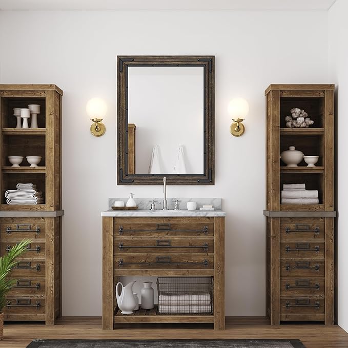 YOSHOOT Farmhouse Bathroom Mirror, Rustic Wood Mirror, Wooden Framed Vanity Mirror, Solid Wood & Handmade, Vertical or Horizontal Hanging for Bathroom Entryway Living Room Bedroom, 40" x 26", Brown