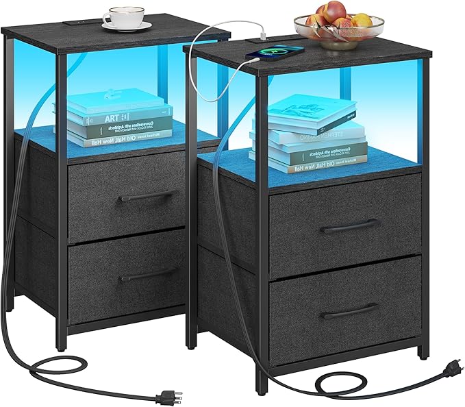 TUTOTAK LED End Table with Charging Station, Nightstand with Cloth Drawer, Side Table with 1 USB Port and 1 Type-C Port, Set of 2, Couch Table, Black TB01BK052L