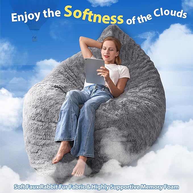 HABUTWAY 4 in 1 Bean Bag Chair, Giant Memory Foam Filling Bean Bag Sofa, Adult Bean Bag Chair, Machine Washable Faux Fur Cover, Bean Bag for Adult (Light Grey)