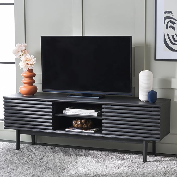 SAFAVIEH Aricia TV Stand for up to 65" Flatscreen – Black, 2 Sliding Doors with Interior Storage, 1 Open Shelf, Entertainment Media Console (MED9633B)