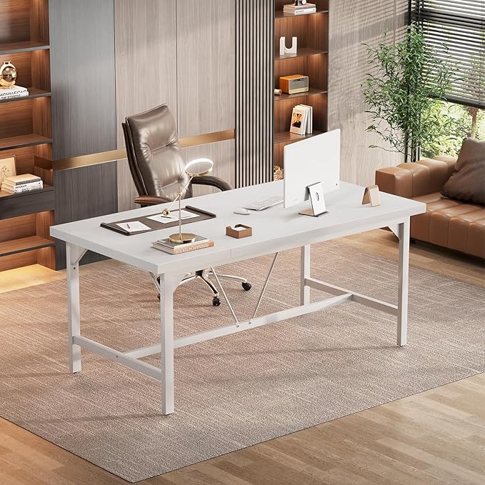 Unikito 63 Inch Computer Desk, Sturdy Large Office Desk, Premium 2 Person Long Desks, Super Thick Study Writing Gaming Table, Modern Computer Table for Home Office Workstation, Easy to Assemble, White