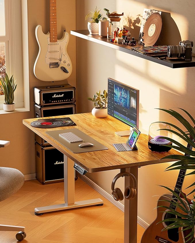 ErGear Height Adjustable Electric Standing Desk, 40 x 24 Inches Sit Stand up Desk, Small Memory Computer Home Office Desk with Two-Piece Desktop (Light Vintage Brown)