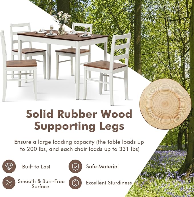 Giantex 5-Piece Dining Set for 4, Solid Wood Rectangular Table & 4 Chairs wtih Rubber Wood Legs, Kitchen Table and Chairs Set for Small Spaces Dinette Dining Room Restaurant (Rustic Brown)