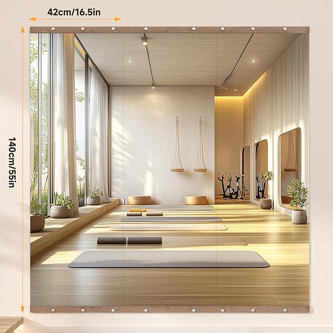 Hasipu 3Pcs 55''x17'' Home Gym Mirror Large Full Length Wall Mounted Full Body Mirror for Yoga Dance Fitness Exercise Studio Bedroom Garage, Frameless Tempered Glass Workout Mirrors Walnut Rectangular