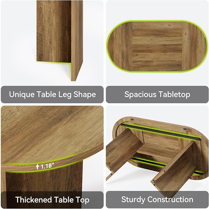 LITTLE TREE 63" Rustic Oval Dining Table for 4-6, Sturdy MDF Farmhouse Kitchen Table with Metal Strip Base, for Living Room, Office, Restaurant, Multi-Use, Umber