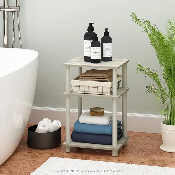Furinno Just 3-Tier Turn-N-Tube End Table / Side Table / Night Stand / Bedside Table with Plastic Poles, 1-Pack, Sonoma Oak/White