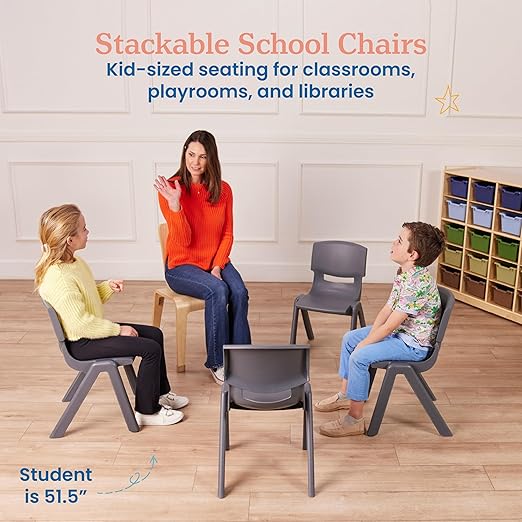 ECR4Kids 14in Plastic School Stack Chair, Children's Furniture, Grey, 4-Pack