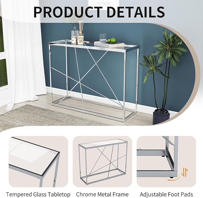 OIOG Glass Console Table for Entryway, Modern Sofa Table with Temperes Glass Tabletop and Chrome Frame, Silver Entryway Table for Living Room, Hallway, Dining Room, Home Office