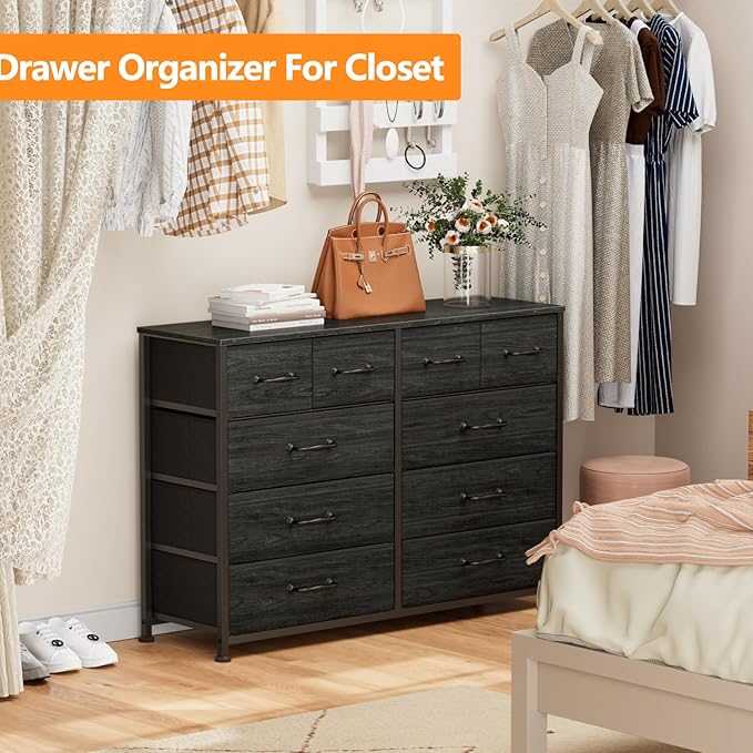 Furnulem Bedroom Dresser for 55”Long TV Stand Entertainment Center Dressers & Chests of Drawers,10 Storage Fabric Drawer, Sturdy Metal Frame Tall Storage Cabinet for Living Room, Entryway, Black Oak