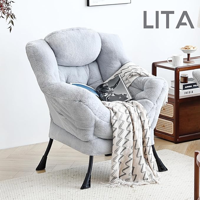 LITA Lazy Chair with Ottoman, Modern Accent Leisure Upholstered Sofa, Contemporary Lounge Reading Chair with Armrests and a Side Pocket for Living Room, Bedroom & Small Space, Single Plush Grey
