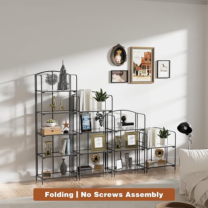 Crofy No Assembly Folding Bookshelf for Living Room, 5 Tier Black Collapsible Book Shelf for Home Office, Portable Bookcase Storage Organizer