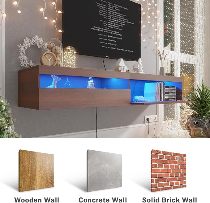 Floating TV Stand with Led Lights, 71 inch Wall Mounted TV Shelf with Power Outlet, Modern Entertainment Center Media Console with Storage Cabinet, Up to 80 Inch TVS, Walnut