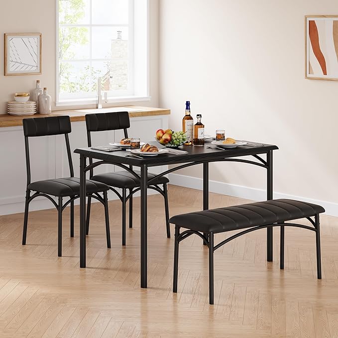 GarveeHome Dining Table Set for 4, Kitchen Table with Upholstered Chairs and Bench, Wood Rectangular Dining Table and Chairs Set for Small Space, Apartment, Dinner, Rustic Black