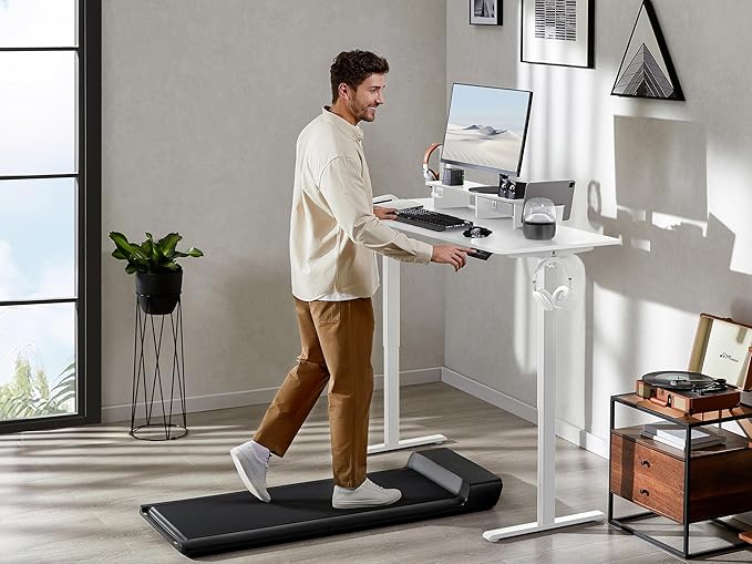 48x24 Inches Electric Standing Desk with Drawer and Monitor Stand, Height Adjustable Desk for Home Office, Ergonomic Sit to Stand with Phone Holder, 3 Hooks, White