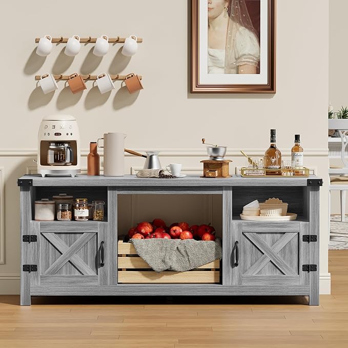 YESHOMY Fireplace TV Stand with Barn Doors and Open Display Shelf, Farmhouse Media Console with Hidden Cable Routing, Entertainment Center for Televisions up to 65+ Inch, Gray