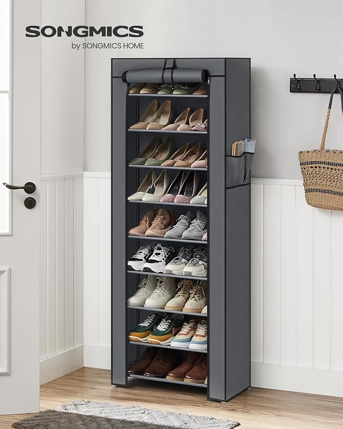 SONGMICS Shoe Rack with Non-Woven Fabric Cover, 9 Tier Storage Shelf for 27-35 Pairs of Shoes, Entryway, Suitable for Sneakers, High Heels, Flats, and Boots, Grey URXJ10G
