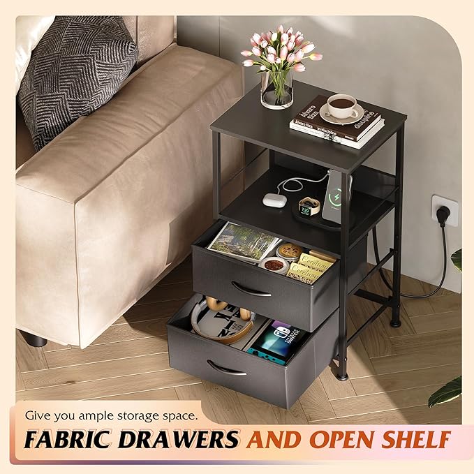 WLIVE LED Night Stand with Charging Station, Black Nightstand with 2 Fabric Drawers and Storage Shelf, Dorm Bedside Table End Table with 2 USB Ports and Outlets, Small Dresser for Bedroom, Living Room