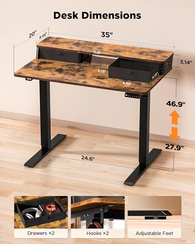 35x20 Inch Standing Desk with Double Drawers,C-Clamp Mount Compatible,Electric Adjustable Height Computer Stand Up Desks, Home Office Sit Stand Table with 3 Preset Heights & Hooks, Rustic Brown