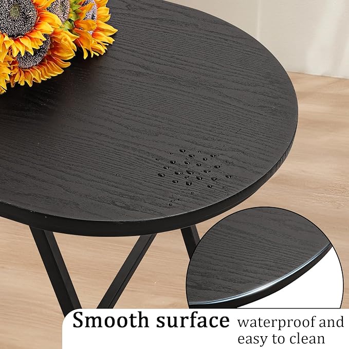 Black Small Coffee Table Wooden Oval Folding Low Coffee Tables with Metal Legs Portable Floor Table Desk for Living Room Small Spaces Apartment Oudoor Use