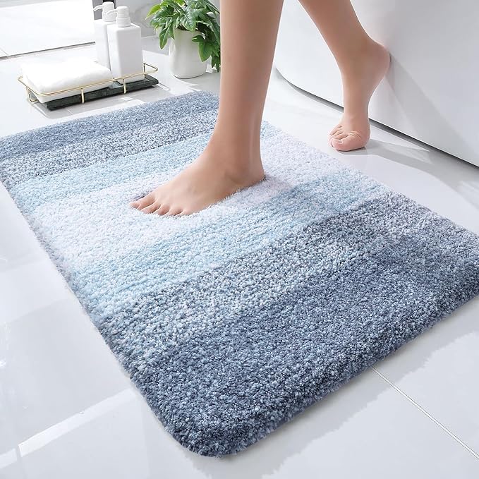 OLANLY Bathroom Rug Mat 24x16, Extra Soft and Absorbent Polyester Bath Rugs, Non-Slip Plush Shaggy Bath Carpet, Machine Wash Dry, Bath Mats for Bathroom Floor, Tub and Shower, Blue