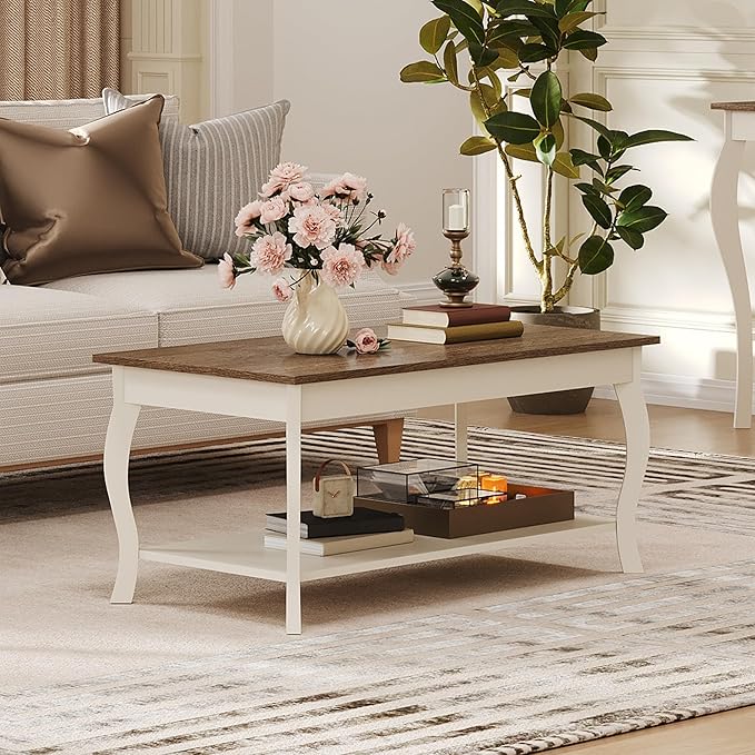 ChooChoo Coffee Table, Rustic Center Table with Curved Legs and Storage Shelf, 39" Coffee Table for Living Room, Soft White