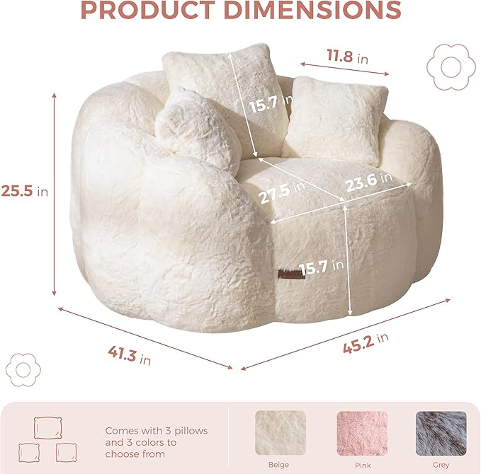 MAXYOYO Bean Bag Chair with 3 Pillows, Oversized Floral Shaped Bean Bag Sofa for Adults, Ultra Soft Faux Fur Floor Sofa, Large Stuffed Reading Chair for Living Room Bedroom, Beige