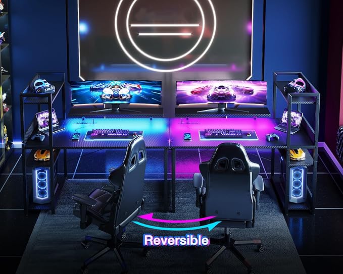 ODK Reversible Gaming Desk with USB Charging Port and LED Lights, 40 Inch Computer Desk with Storage Shelves & Monitor Stand, Study Table for Home Office, Small Space Bedroom, Carbon Fiber Black