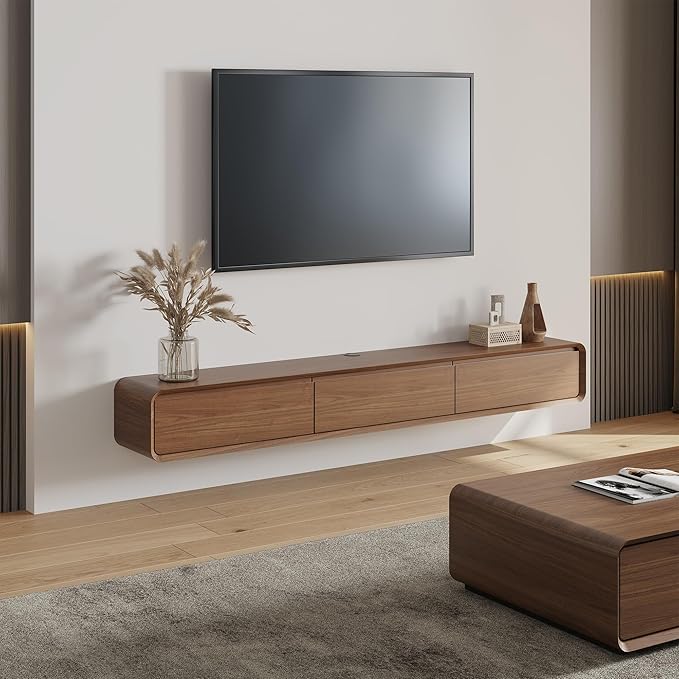 Fully-Assembled Minimalist Floating TV Stand, Modern Wall-Mounted Entertainment Center with 3 Flip-Down Cabinet Doors, Solid Wood, Walnut Veneer, 78"