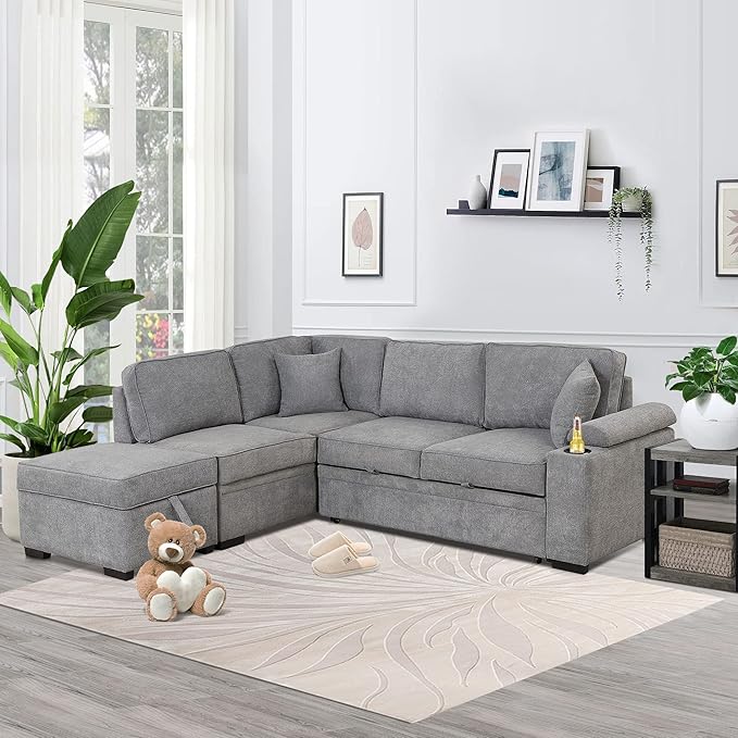 Ball & Cast Sleeper Sofa Bed L Shaped Couch with Storage Ottoman,Pull-Out Sectional Sofa Couch w/Cup Holder and Charging Stations,for Living Room and Small Apartment,Grey