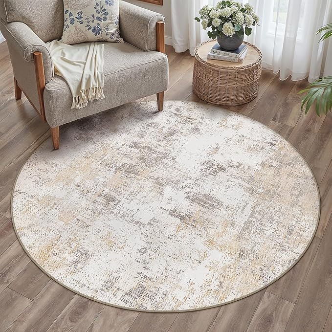 3x3 Washable Round Rug Beige Grey Neutral Abstract Entryway Non Slip Low Pile Area Rug Living Room Bedroom Indoor Doormat Small Soft Carpet for Entrance Bathroom Kitchen
