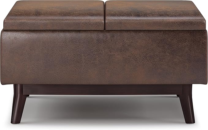 SIMPLIHOME Owen 34 inch Wide Mid Century Modern Rectangle Coffee Table Storage Ottoman Distressed Chestnut Brown/Flip Over Tray top