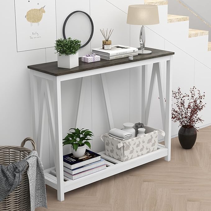 Farmhouse Console Table for Entryway, 39.3 Inch Sofa Table with Storage Shelf, Hallway Table, Narrow Behind Couch Table for Foyer, Living Room，Dark Oak