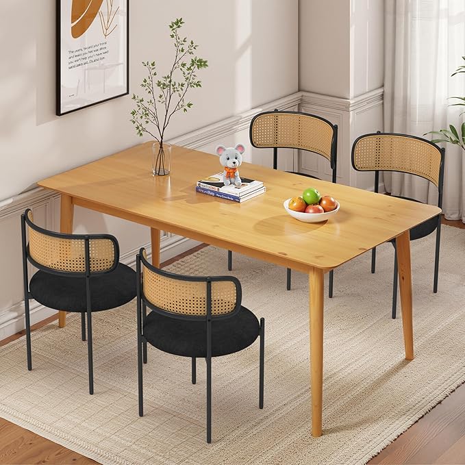 Mid Century Modern Dining Chairs Set of 2 with Rattan Backrest,Velvet Upholstered Accent Kitchen & Dining Room Chairs with Sturdy Metal Frame,Black