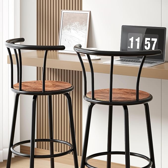VECELO Bar Stools Set of 2, Swivel Counter Stools with Backrest, Bar Height Stools for Dining Room, Kitchen Island, Pub, Easy Assembly, Dark Brown