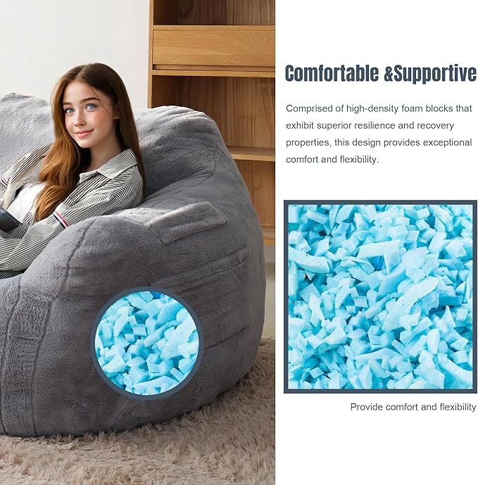 Large Bean Bag Chairs for Adults - Oversized Memory Foam Filled Bean Bag Sofa | Fluffy Adult Bean Bag Chair, Big Bean Bag Chairs for Living Room, Bedroom & Dorm - Gray