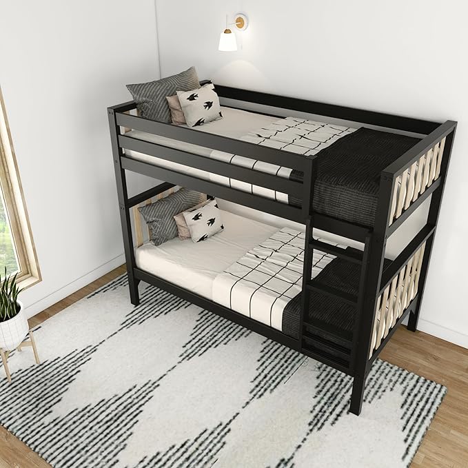 Max & Lily Bunk Bed, Scandinavian Modern Bunk Bed, Solid Wood Twin-Over-Twin Bed Frame for Kids, No Box Spring Needed, Black/Blonde