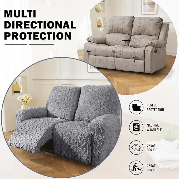 vctops 6 Pieces Geometric Jacquard Plush Recliner Loveseat Slipcovers Soft Fuzzy Fluffy Sofa Couch Cover Anti-Slip Furniture Protector with Elastic Bottom for Kids Cats Dogs(Grey,2 Seat)