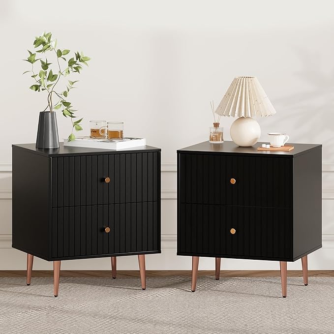 Black Night Stand Set 2,Modern Bedside Table with 2 Drawers Storage,Fluted Nightstand and Wood End Side Table with Rose Gold Metal Legs and Handles for Bedroom,Black