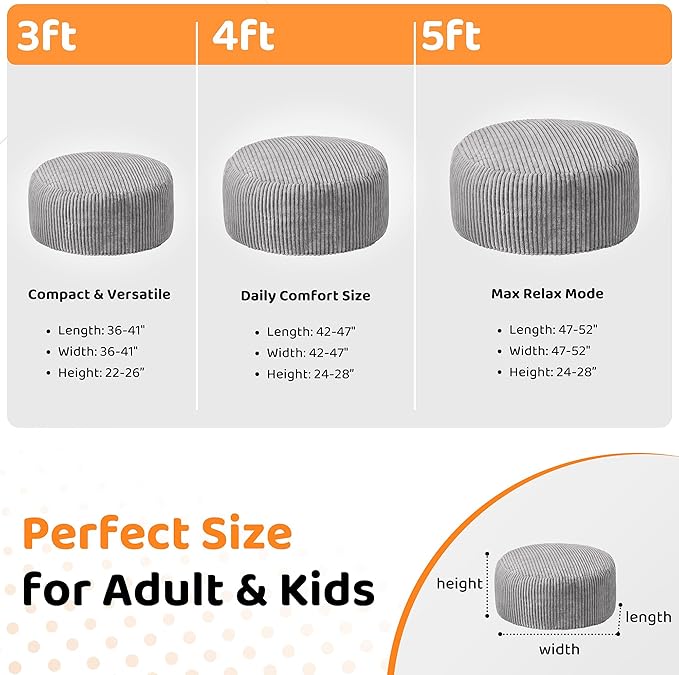HABUTWAY 3FT Bean Bag Chair, 3' Large Bean Bag Chairs for Adults with Removable Stripe Plush Cover, Memory Foam Beanbag Chair for Living Room Bedroom Dorm (Grey)